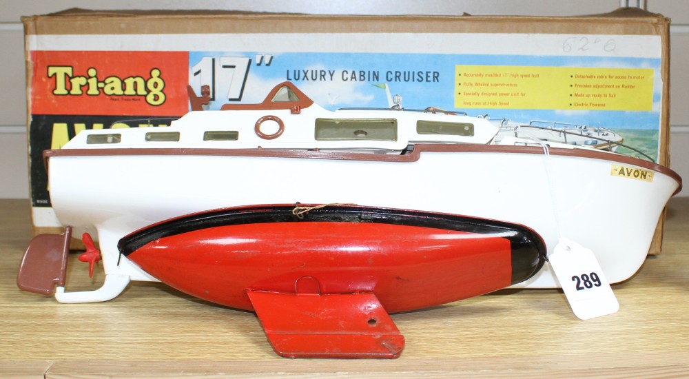 A Tri-ang Avon 17 inch electric motor luxury cabin cruiser model, boxed, together with a Tri-ang enamelled metal model of a yacht, 26.5